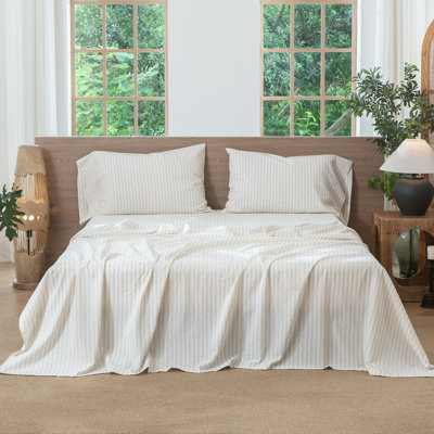 Moomee Striped Flat Sheet 100% Washed Cotton Linen Like Textured Breathable Lightweight