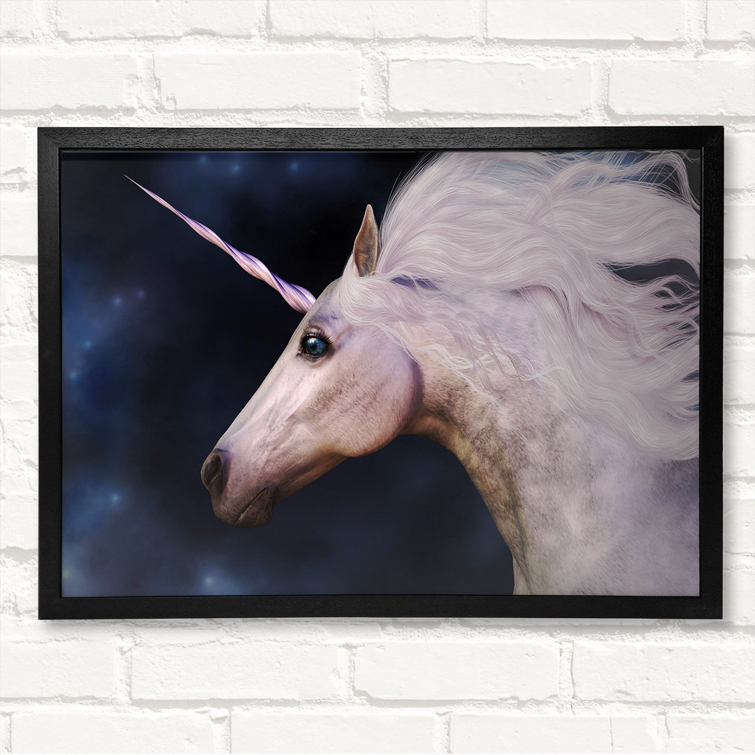 Atemberaubendes Universal Unicorn - Geschlossener Eckrahmen Kunstdruck auf Holz