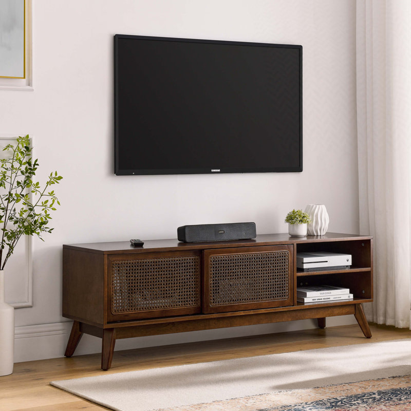 Mid Century Modern Rattan TV Stand For 65 Inch TV, Entertainment Cabinet, Media Console For Living Room Bedroom Media Room, Solid Wood Feet & Rattan Cabinet Doors
