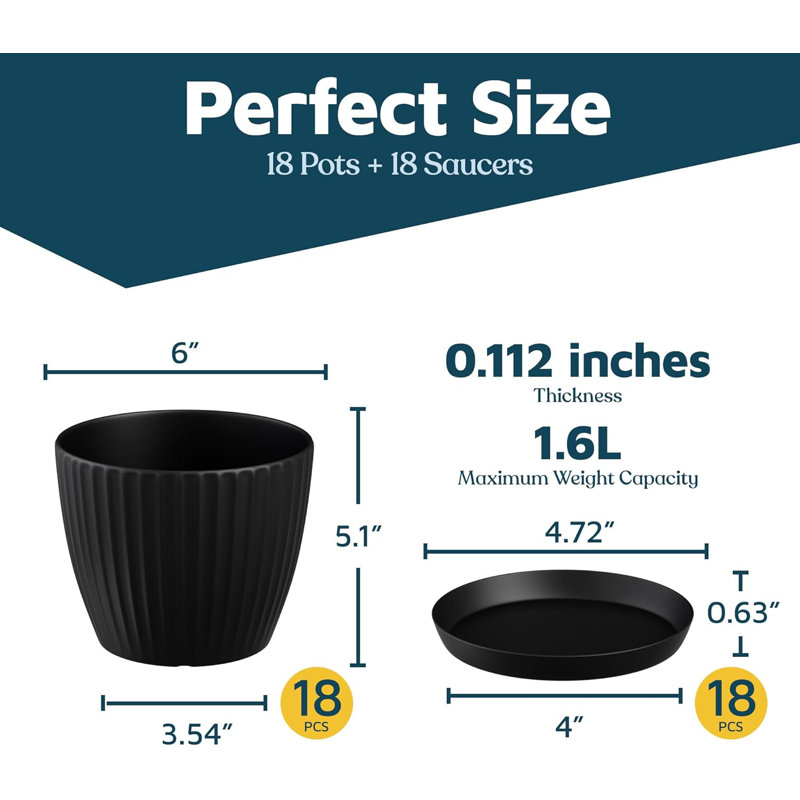 Plant Pots with Drainage & Saucers, Indoor & Outdoor Planters for Houseplants, Herbs, and Flowers, Durable & Weatherproof Material, Stackable, Lightweight, Minimalist Design, Pack of 18