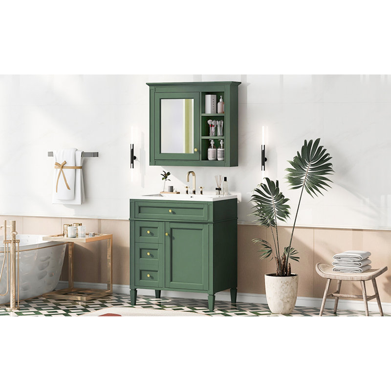 Meuble-lavabo de 30 po avec lavabo supérieur, armoire de rangement moderne avec 2 tiroirs et un tiroir basculant, Vert, Doré