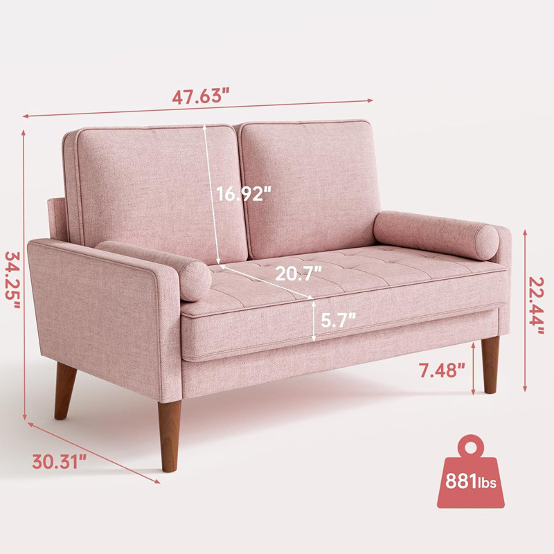 Loveseat Sofa,48" Small Sofa Couch Mid Century Modern Couch for Small Spaces,Bedroom and Living Room, Pink
