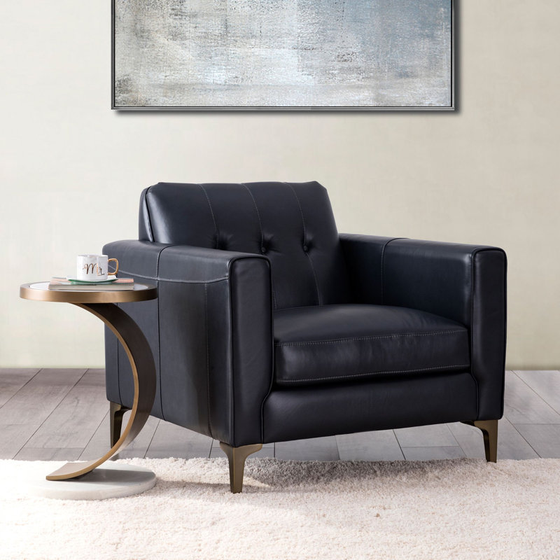 Fauteuil club capitonné Dannie, Cuir véritable bleu marine Counterbalance