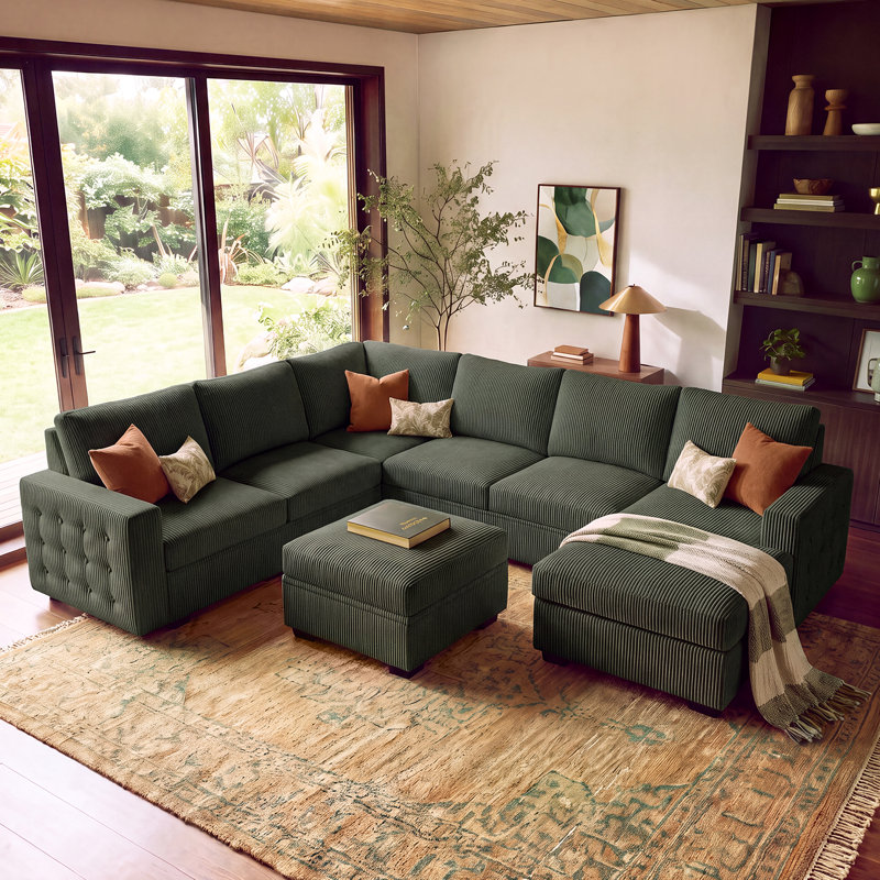 Brunella Corduroy Sleeper Sectional, Green Corduroy