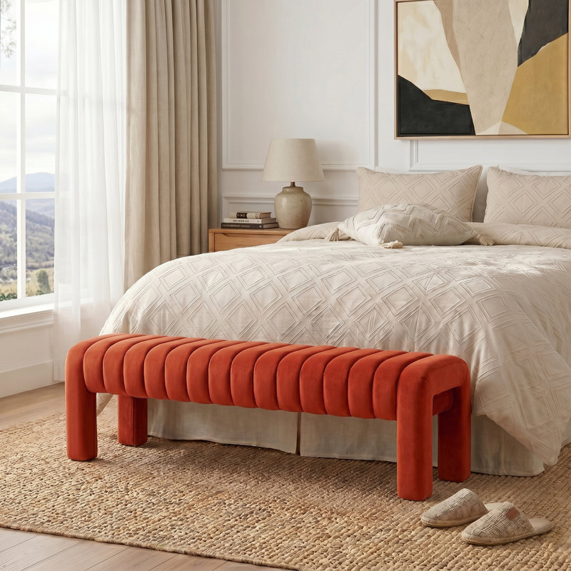 Banc rembourré sans dossier Oyan, H 17 po x l 63 po x P 17,3 po, Velours rouille