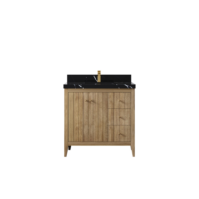 Atlanta Teak Wood 36 In. W X 22 In. D Center Sink Bathroom Vanity In Light Graywashed With 2 In. Quartz, Calacatta Black