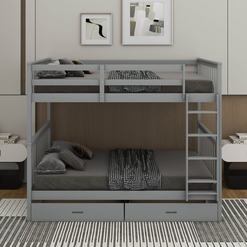 Lit superposé double au-dessus de double avec échelles et tiroirs, Gris