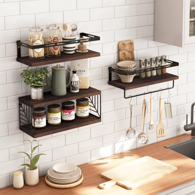 3+1 Tier Wall Mounted Rustic Wood Floating Shelf With Metal Frame And Towel Bar, Dark Brown