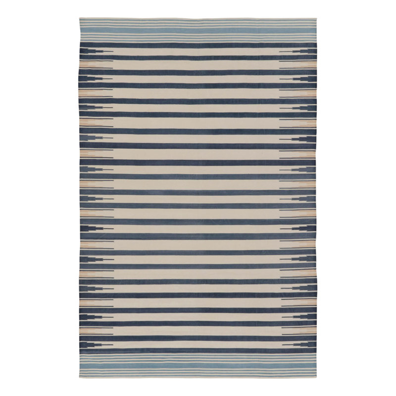 Rug & Kilim’S Indian Dhurrie Rug In Navy And Cream With Geometric Borders
