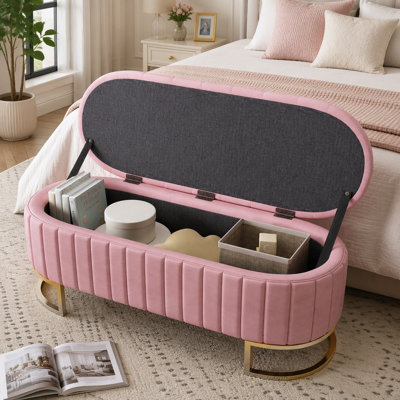 Pouf de rangement élégant en velours capitonné, avec pieds en métal, pour chambre à coucher