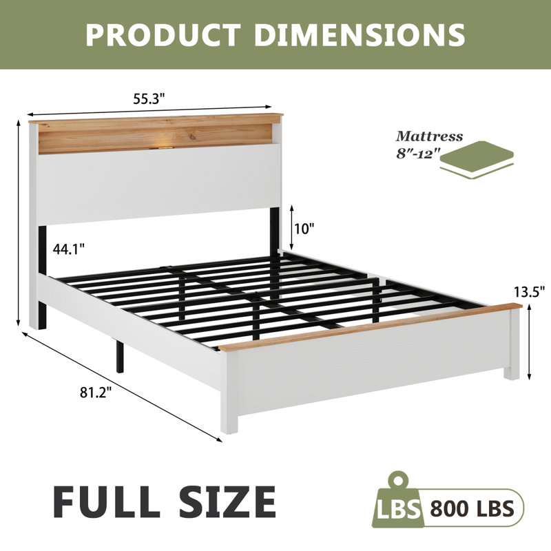 Lit plateforme rustique en bois avec tête de lit de rangement, lampe DEL tactile à intensité variable et station de recharge, rangement silencieux sous le lit, sommier non requis