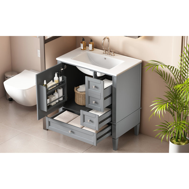 Meuble-lavabo 30 po avec lavabo en céramique - gris, armoire de rangement à 3 tiroirs, comptoir en bois massif et porcelaine lisse, quincaillerie de rangement 30 po en 3, construction, ensemble d'accessoires élégants