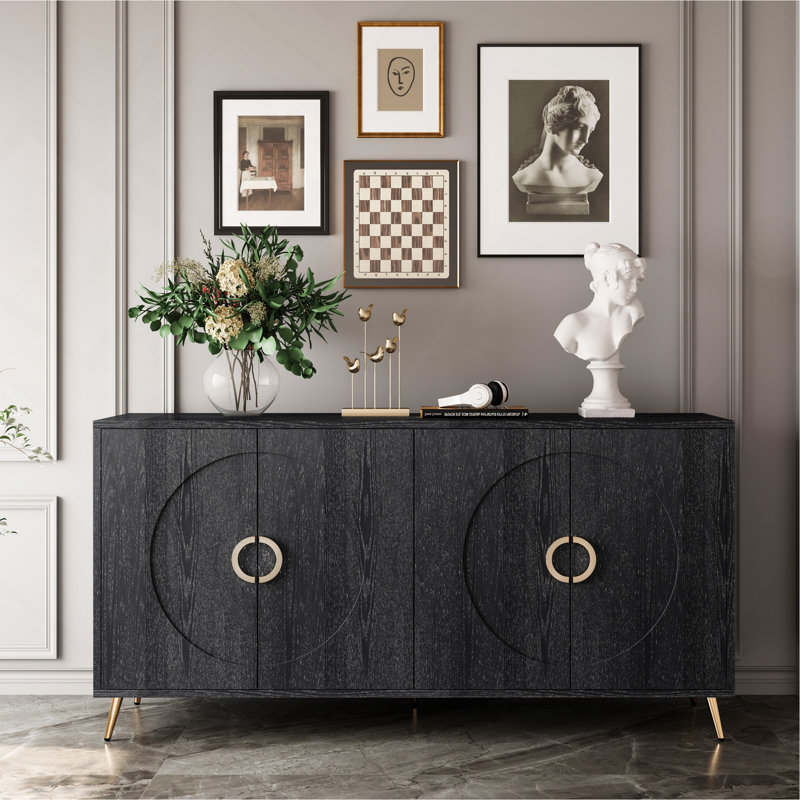 Buffet moderne à 4 portes en bois laqué avec buffet, Noir patiné