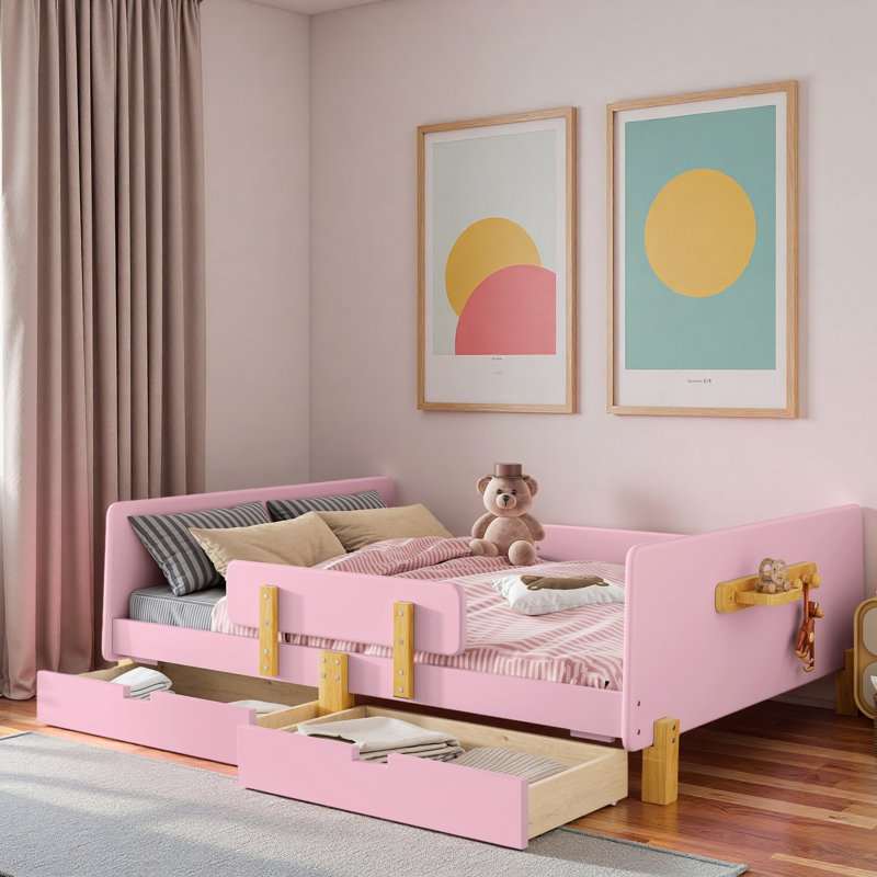 Lit plateforme avec tiroirs de rangement, garde-corps, petite tablette et crochets, Double, Rose