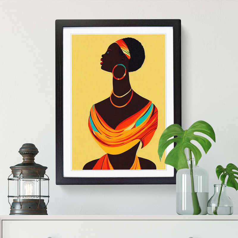 FRM-V0523-60X African Woman Retro - Single Picture Frame Print, 64cm H x 46cm W x 2cm D, Black Framed