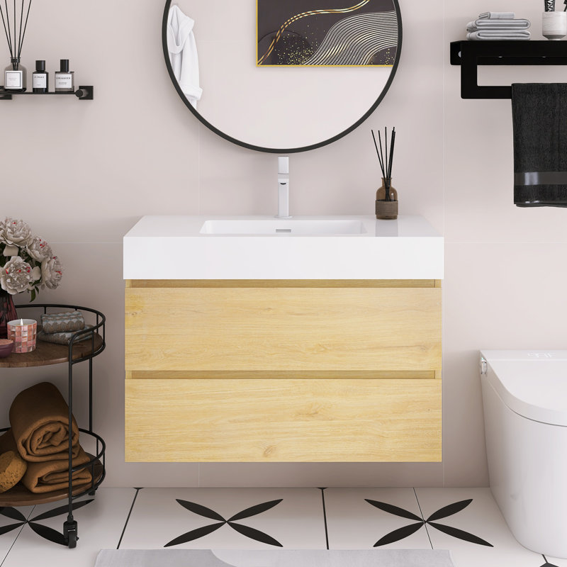 Meuble-lavabo flottant mural 36 po avec lavabo, Blanc, Chêne naturel