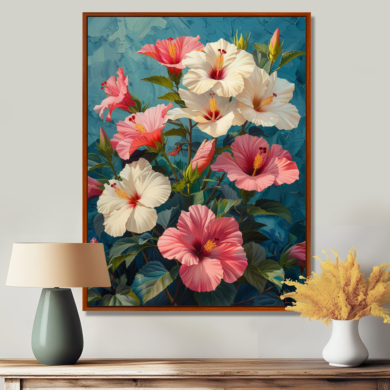 «Vibrant Dance of Pink Blue Hibiscus II - Hibiscus», art mural, Cadre flottant brun, H 12 po x l 20 po