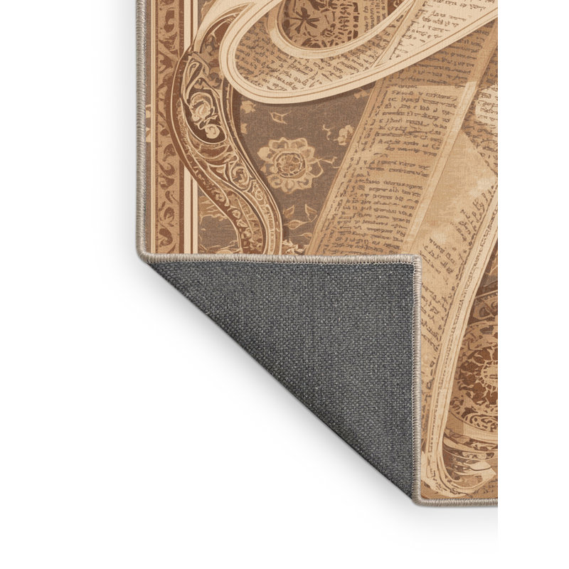 Tapis oriental doux et moelleux à motif de pages de livres en brun et beige, 7 x 9