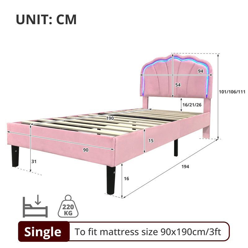 3ft Upholstered Bed With Adjustable Headboard Velvet, Pink