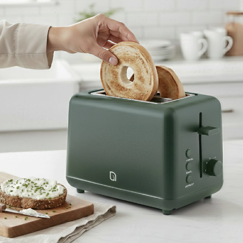 Grille-pain à 2 tranches avec fentes larges Willow Kitchen - parfait pour les bagels grillés, conception compacte, plateau à miettes - Vert