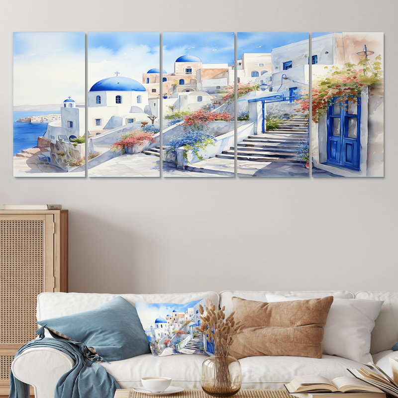 Ensemble de 5 décorations murales bleues et blanches Santorini Village I - Grèce, H 32 po x l 80 po