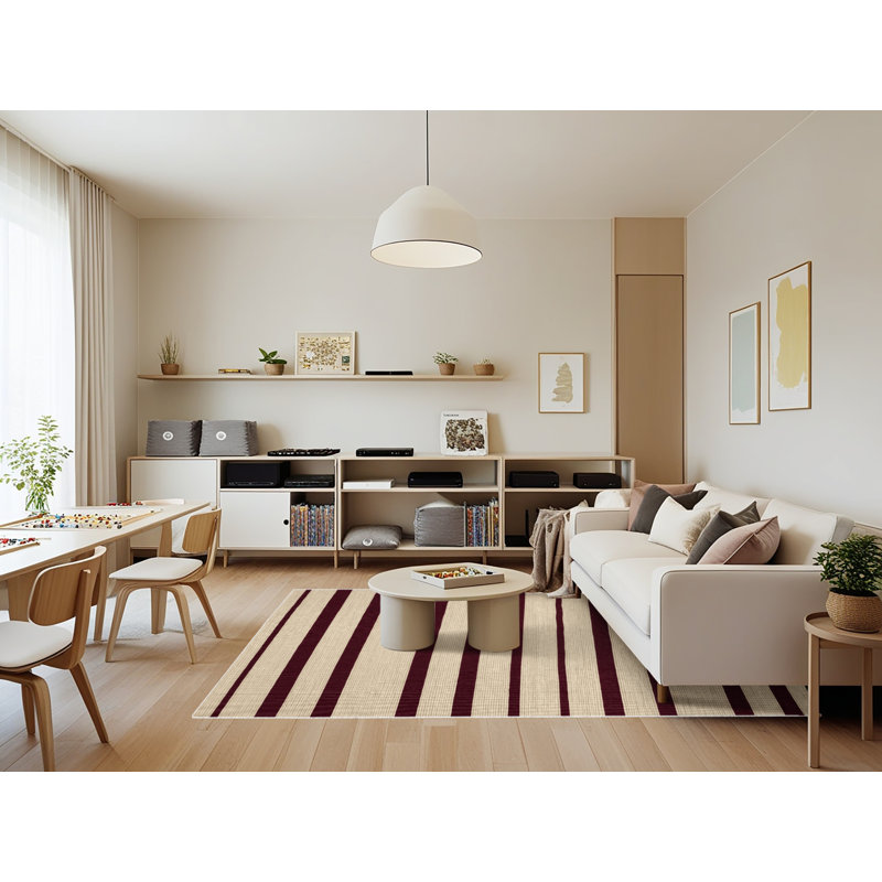 Tapis beige à rayures horizontales lavable à la machine, Rectangle 7 pi x 9 pi