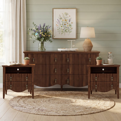3-Piece Bedroom Furniture Set, 52" 6-Drawer Dresser and Two Nightstands with Charging Station, Fluted Wood Finish with Scalloped Apron, Walnut