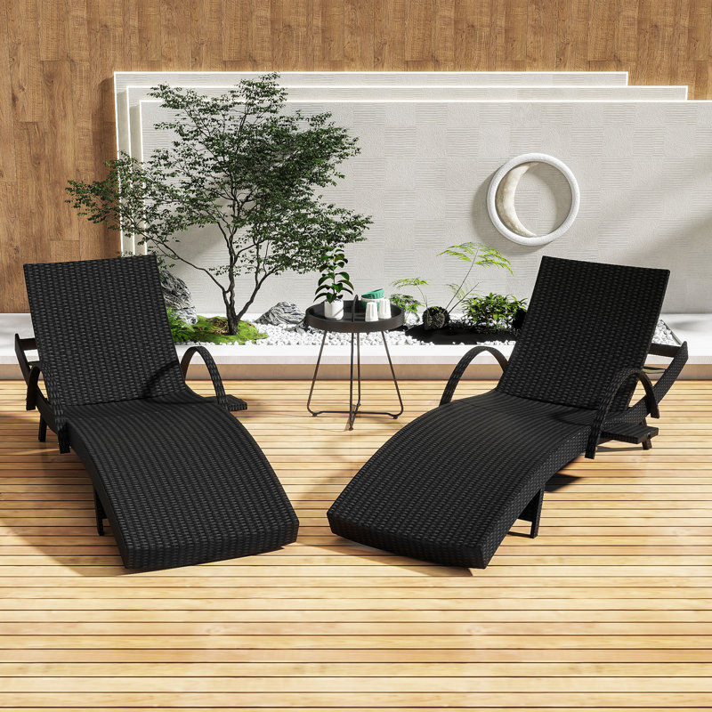 All-Weather Wicker Patio Chaise Lounge Set with Pull-Out Side Table and Adjustable Backrest, Black