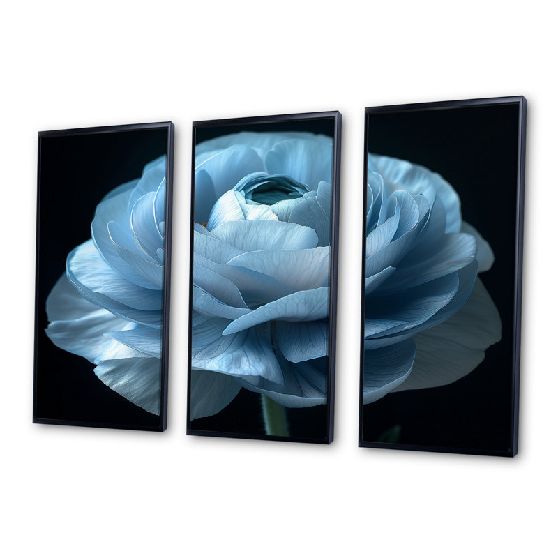 Mono, bleu, noir, renoncules congelés, reproduction d'art mural, H 28 po x l 36 po x P 1 po, Toile avec cadre flottant noir
