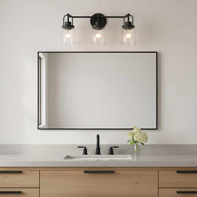 Amiliano Bathroom Bedroom Wall Fixture With Clear Shade, Midnight Black, 3 Lights, 10.5" H x 22" W x 6.75" D