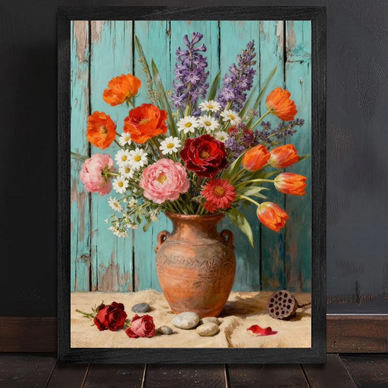 Art encadré noir, arrangement floral simple et rétro, impressions de style rétro, H 17 po x l 13 po