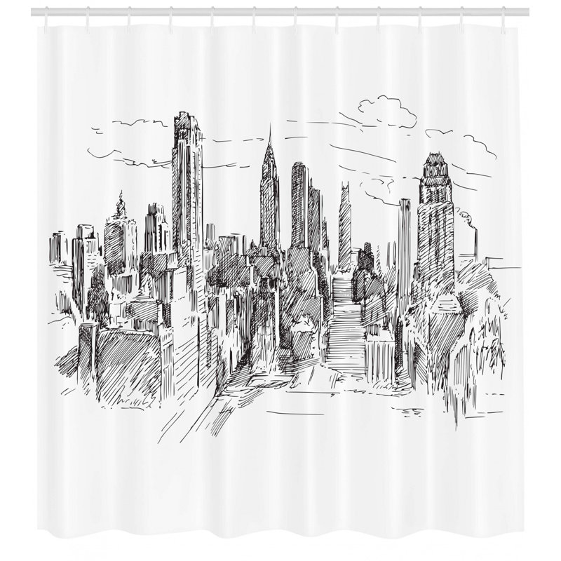 Rideau de douche cityscape de la pluie et des crochets Blondelle, H 84 po x l 69 po