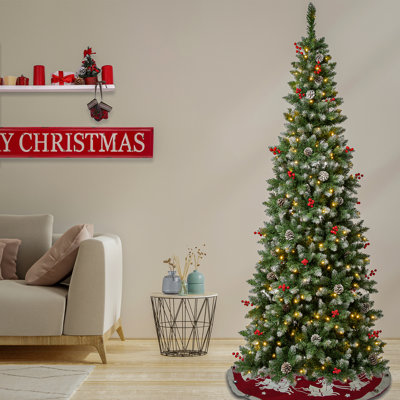 7.5ft Pre-lit Artificial Merrywood Slim Hinged Christmas Tree with Berries and Pinecones with 300 Warm White LED Lights