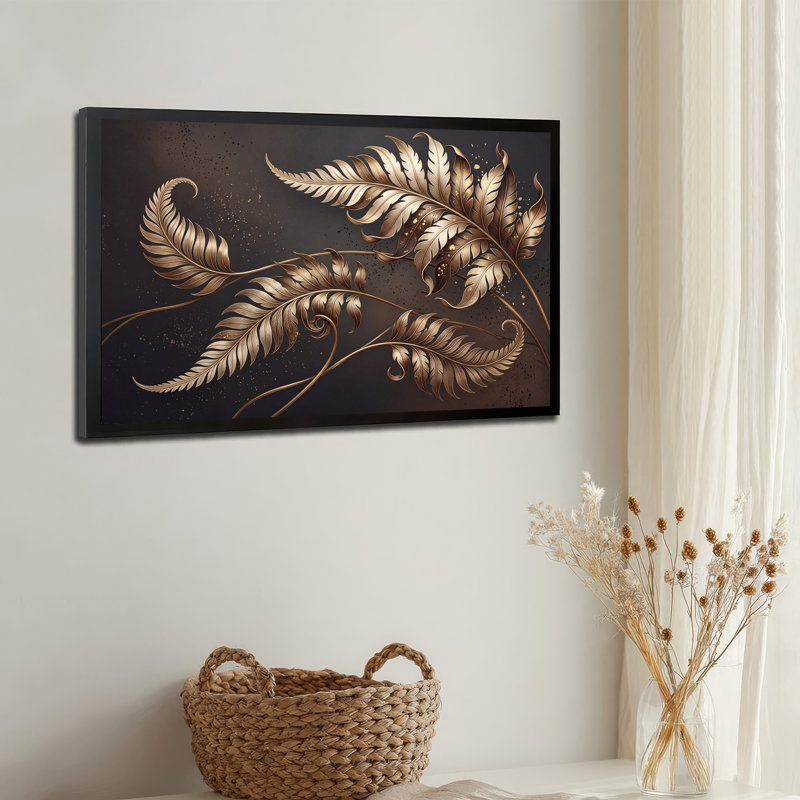 Or et bronze, fougères frondeuses sur fond moucheté foncé, art mural sur toile, 16"H x 24"W