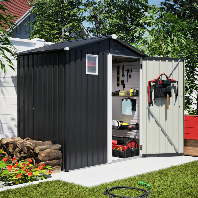 Metal Outdoor 6' X 4' Storage Shed In Black, Rustproof And Spacious, For Backyard Tools Bicycles, Secure Door Lock, Transparent Non Window, Hassle- Installation 6ft 4ft Steel Shed, Storage, Spacious