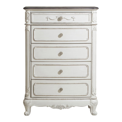 Victorian Style Antique White and Oak Finish Storage Chest with 5-Drawer 1pc Carving Design Classic Traditional Bedroom Furniture