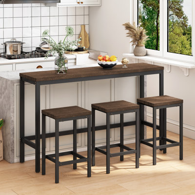Modern Design Kitchen Dining Table,Pub Table,Long Dining Table Set With 3 Stools,Easy Assembly,Dark Brown