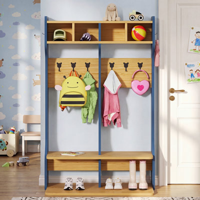 Casier à 2 sections pour enfants avec 4 casiers, banc et crochets, casiers ouverts pour la chambre de bébé, préscolaire, vestibule, mobilier de classe