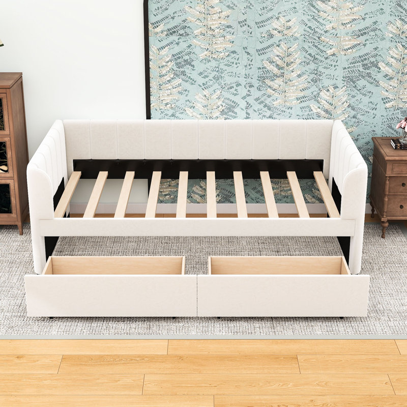 2 Drawers Upholstered Twin Daybed with Sturdy Slats, Beige
