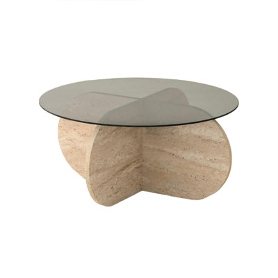 Modern Coffee Table with 100% Glass Top, 29.5 in Diameter x 13.8 in Height | Durable Melamine Coated Particle Board Base in Travertine & Fume Colors | Elegant Marble Design for Stylish Living Rooms & Offices