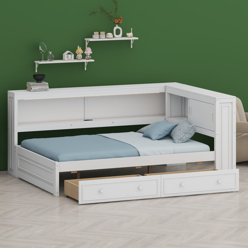 Lit de jour moderne avec tablettes de rangement intégrées, ports USB intégrés, éclairage à DEL et tiroirs, Blanc