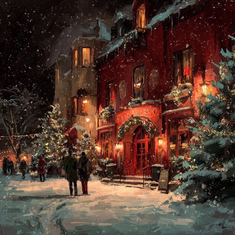 «Festive Red Inn at Night», art mural sur toile tendue, 40 po x 40 po