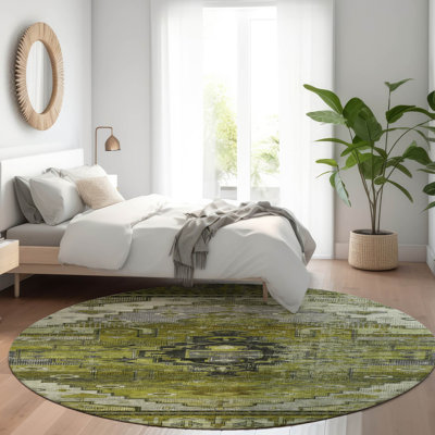Machine Washable Indoor/Outdoor Xhevrie Olive Rug