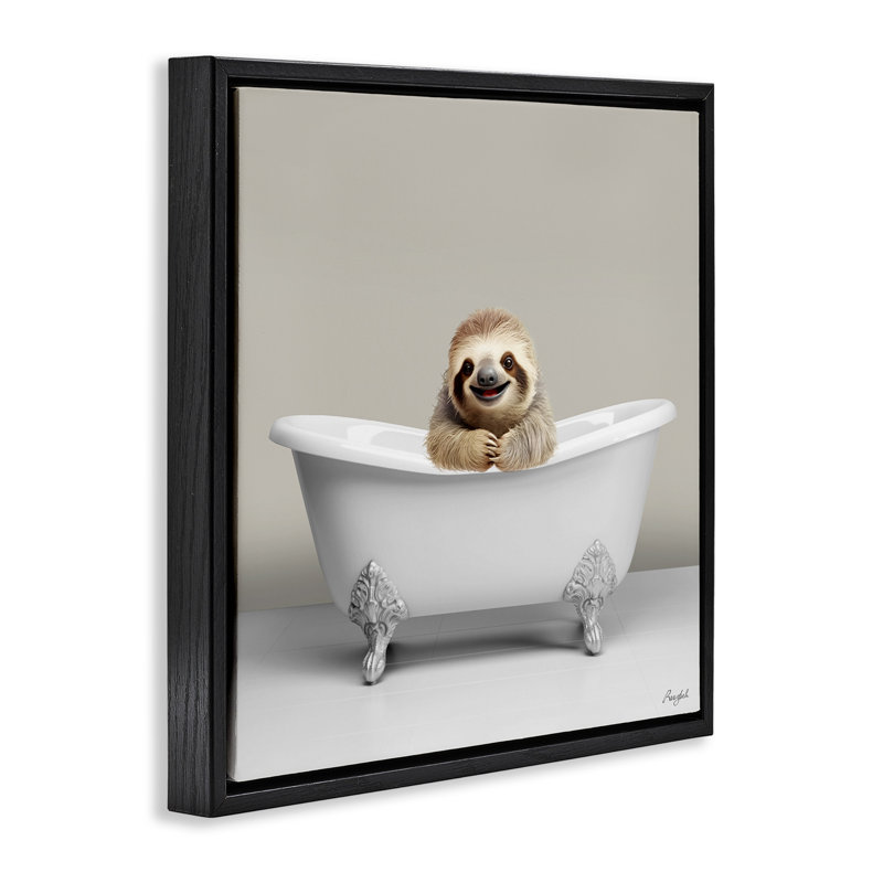 Happy paresseux dans la baignoire, H 18 po x l 18 po, Cadre flottant noir de jais
