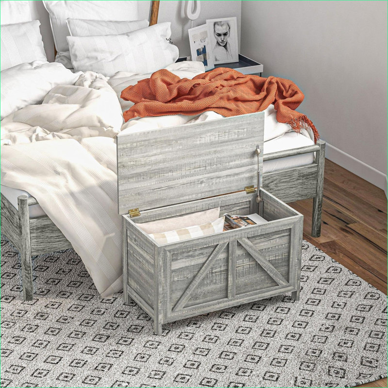 Storage Chests | 30" Lift Top Storage Chest with Safety Hinge, Slate Gray Wood Grain, Farmhouse Style | Particle Board | Bedroom