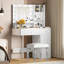 Bureau de coiffeuse avec miroir et 3 modes d'éclairage, coiffeuse de maquillage avec plateau en verre et tablettes de rangement, coiffeuse avec 2 tiroirs et armoire-36490144
