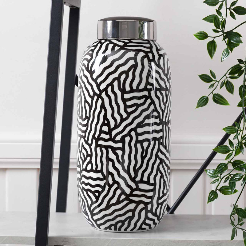 Brownsburg Ginger Jar for Living Room Furniture, Modern Home Decor Abstract Piece in Black and White, 38.10" x 17"