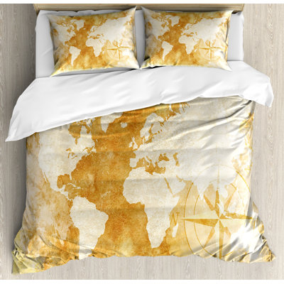 Ambesonne Compass Duvet Cover Set, Old Fashioned World Map, Calking, Cream Tan -  nev_16640_calking