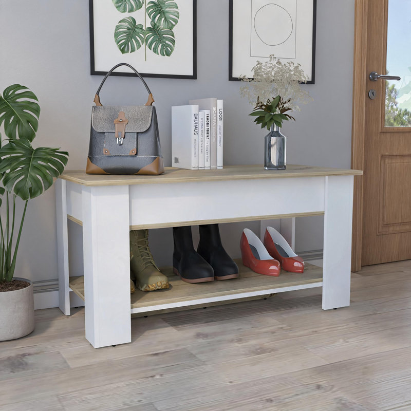 2-Seat Lift-Top Storage Bench, Engineered Wood Construction with Open Lower Shelf and One Extendable Table Shelf
