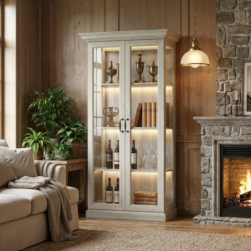 Modern Lighted China Cabinet With Tempered Glass Doors, LED Lighting, And Adjustable Shelves – Warm Oak Finish